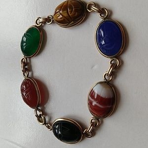 Vintage scarab bracelet gemstones banded agate carnelian onyx gold filled